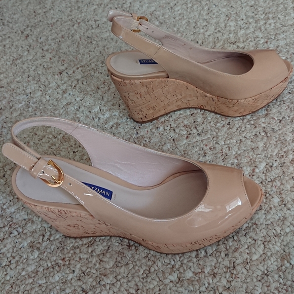 Stuart Weitzman Jean Patent Leather Slingback Wedge Sandals in nude size 7M - Picture 4 of 15